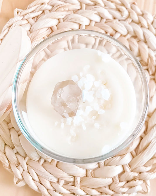 Vela Aromática • Bossa, Cristal de Quartzo, Sal Grosso • Coleção Novos Começos