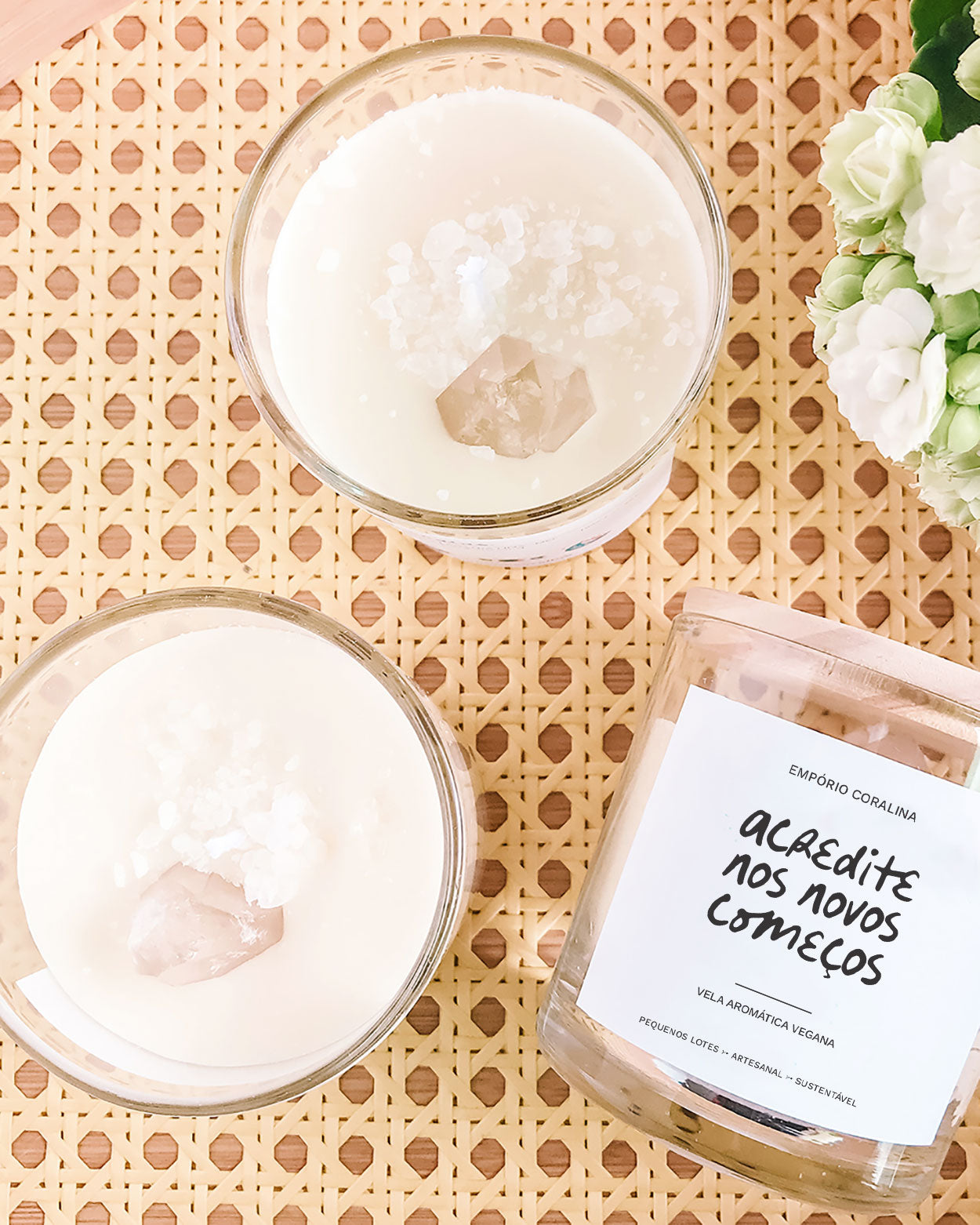 Vela Aromática • Bossa, Cristal de Quartzo, Sal Grosso • Coleção Novos Começos