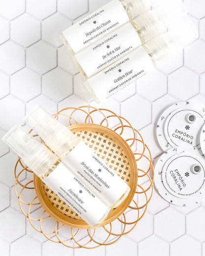 Mini home spray, aromatizador de ambientes, feito no vidro transparente. Ideal para você conhecer os aromas do Empório Coralina.