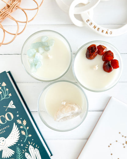 Velas aromáticas com cristais e pedras, água-marinha, ágata de fogo, geodo de cristal marroquino, coleção Luminares, velas veganas